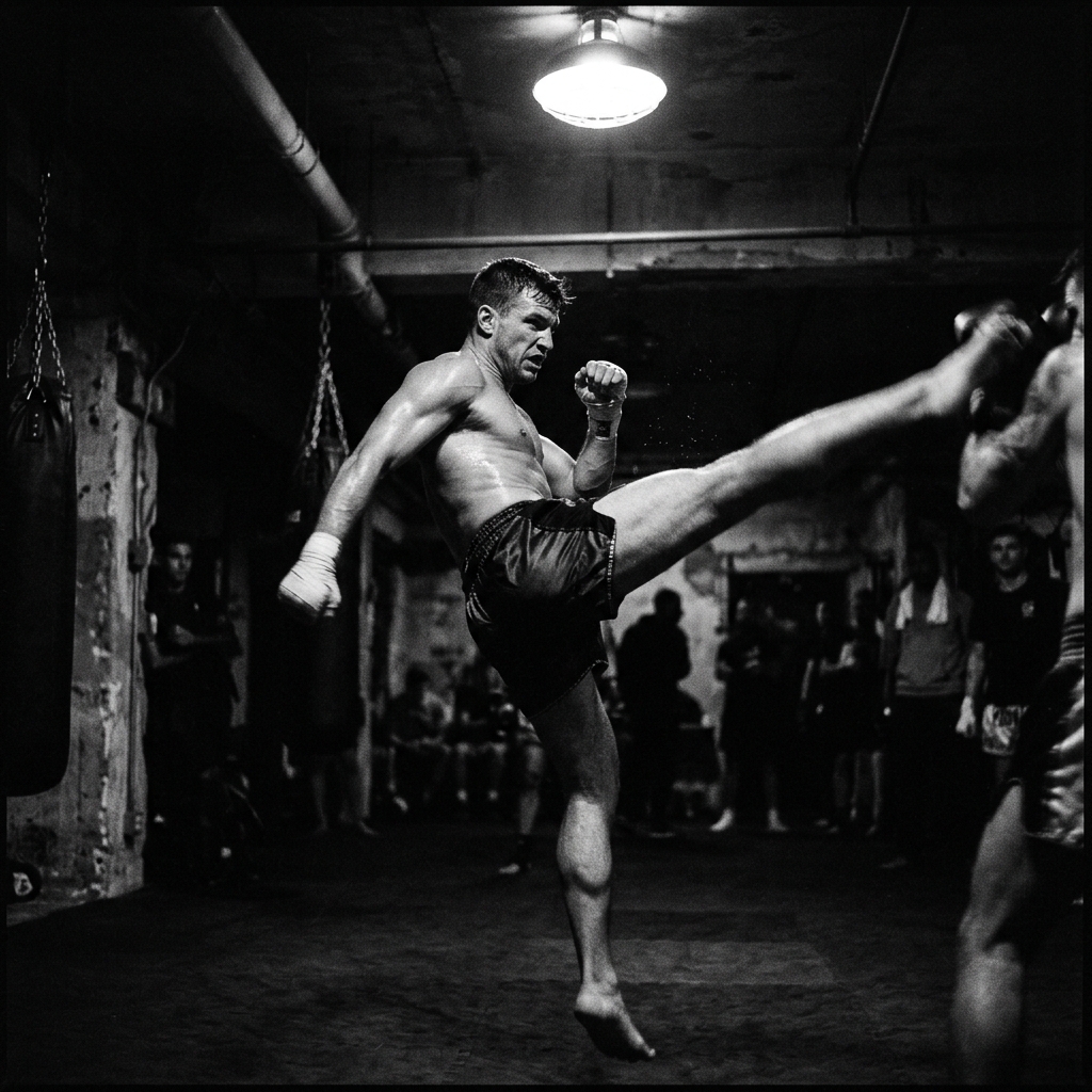 Kickboxer throwing high kick